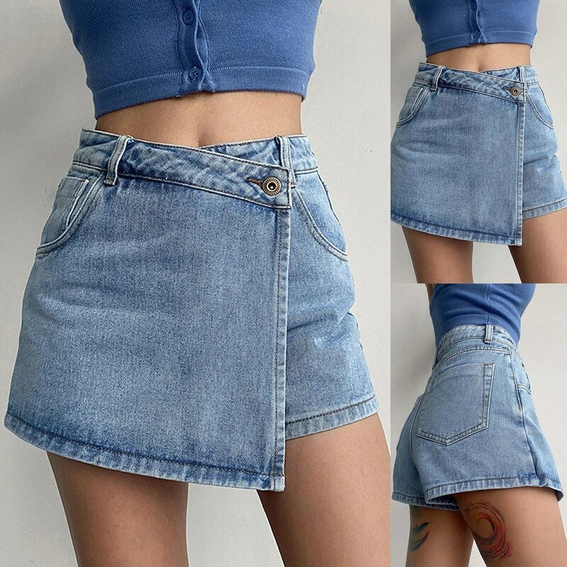 กระโปรงสั้นทรงเอเอวสูงสำหรับผู้หญิง, กระโปรงแฟชั่น celana pendek DENIM กางเกงขาสั้นบางดีไซน์สองชิ้นกระโปรงสั้นอเนกประสงค์ลำลอง