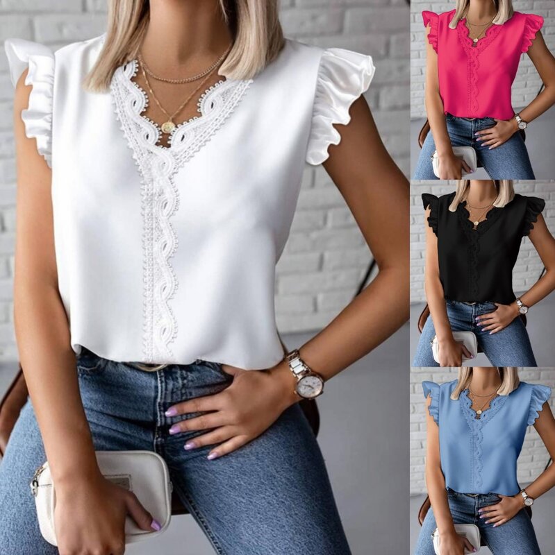 2024 Women's Shirt White Lace Summer Ruffle Elegant Black Simple V Neck Loose Top for Women