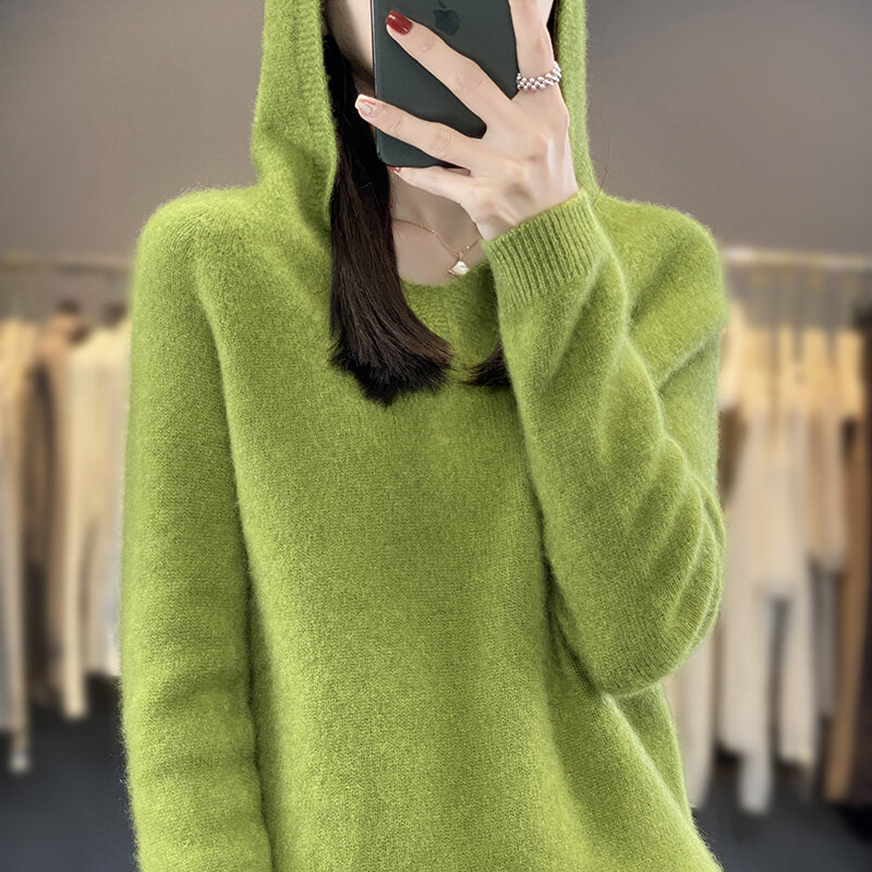 Nahtloser Kapuzen pullover für Damen Herbst Winter neue gestrickte Loose Fit Kapuze V-Ausschnitt High-End-Outwear Mode koreanische Ausgabe