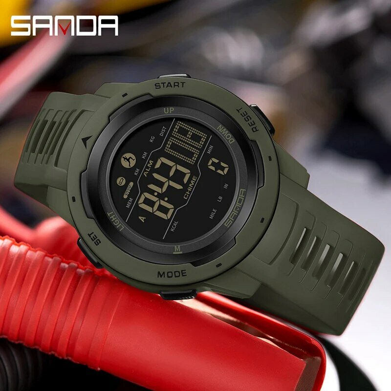 Sanda นาฬิกาชายแบรนด์เนมเครื่องนับก้าวออกกำลังกายแคลอรี่50เมตรกันน้ำ LED Jam Tangan Digital นาฬิกาข้อมือทหาร relogio masculino 2145