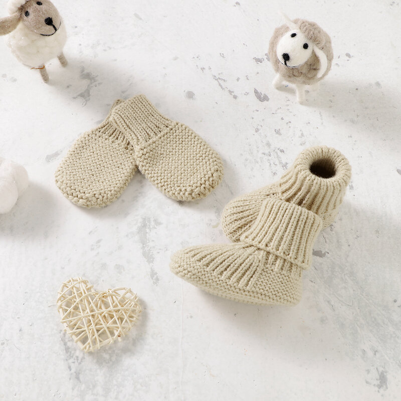 Newborn Baby Shoes + Gloves Set Knit Infant Girl Boy Boots Mitten Fashion Solid 2PC Toddler Kid Slip-On Bed Shoes Handmade 0-18M