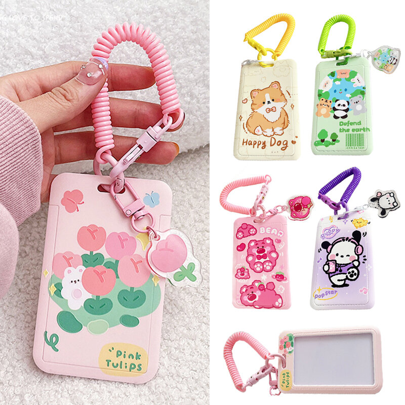 Cartoon Tulip Lucky Bear Ins Photocard Holder Keychain Students Card Protectors Pink ID Bank Cards Cover School Stationery