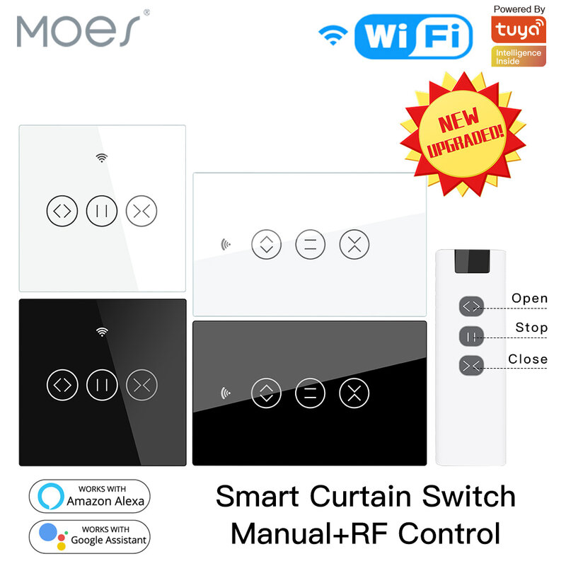 Interruptor Cortina Inteligente com Wi-Fi EUA e UE, RF433, Controle Touch, Tuya Smart Life, Integração App, Controle Remoto Total, Compatível