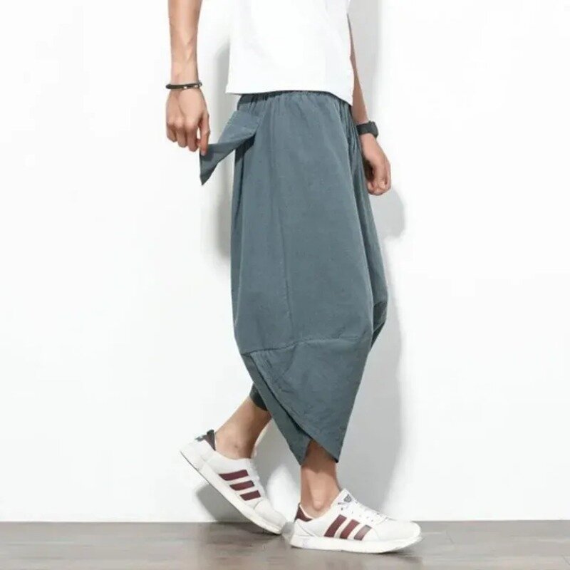 Summer Men Linen Loose Shorts Nylon Ethnic Style Trousers Trendy 9-inch Pants Cotton Polyester Fiber Adult Casual Pants