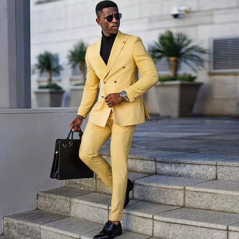 Fatos de negócios masculinos amarelos, blazer trespassado slim fit, conjunto de fantasias personalizadas, 2 unid, alta qualidade, na moda, 2024