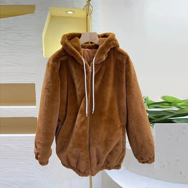 Chaqueta con capucha de felpa y pelo de conejo de imitación gruesa para mujer, chaquetas de manga larga de felpa suelta coreana, invierno, 2023