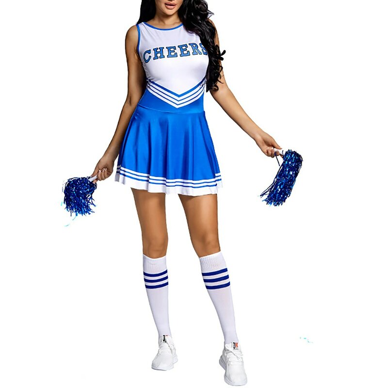 Womens Cheerleading Uniform Themafeest Schoolmeisje Rollenspel Kostuums Brief Print Mouwloze Jurk + Sokken + Juichende Bloemenoutfit