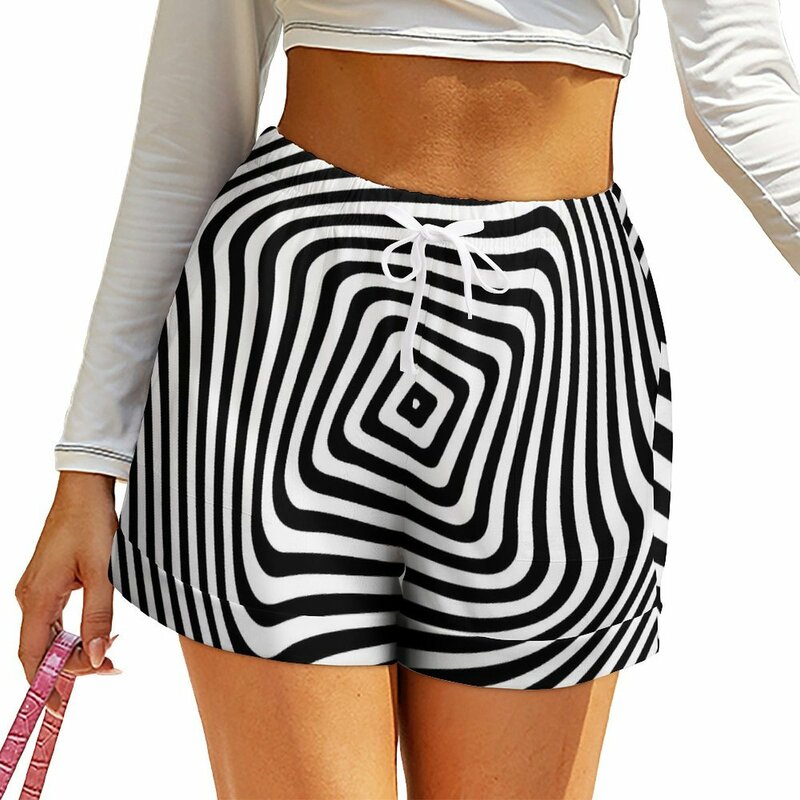Black And White  Striped Shorts Optical Art Elegant Shorts Spring Print Short Pants With Pockets Casual Bottoms Large Size 3XL