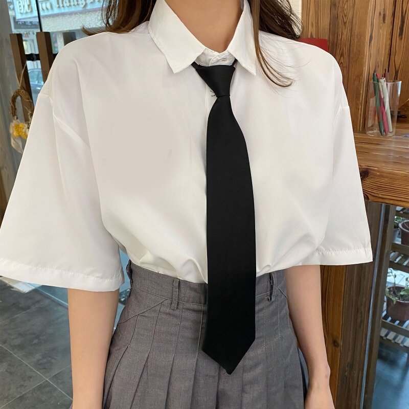 Retro Solid Color Silky Narrow Necktie School Uniform Zipper Pre-Tied for Arrow Dropship