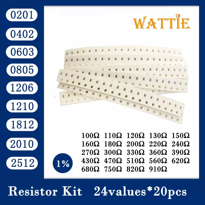 Jogo do resistor de Smd 0201, 0402, 0603, 0805, 1206, 1210, 1812, 2512, smd, 25 valores x 20 = 500pcs