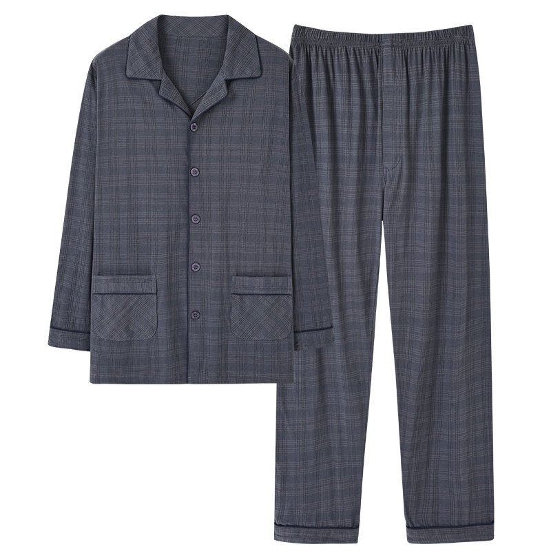 Пижама мужская хлопковая из 2-х предметов, одежда для сна, клетчатая, кардиган на пуговицах, ночная рубашка, домашняя одежда, 4XL