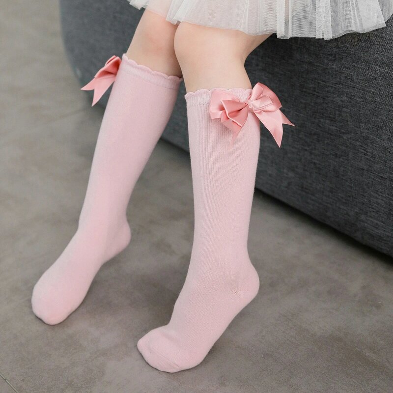 Милые однотонные носки ниже колена для маленьких девочек, в рубчик, с бантом