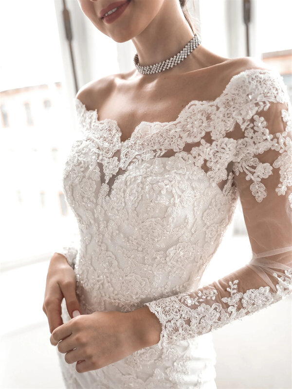 Charming Off Shoulder Wedding Dress 2024 Luxurious Lace Bride Gown Charming Long Sleeve Bride Robe Vestidos De Novia