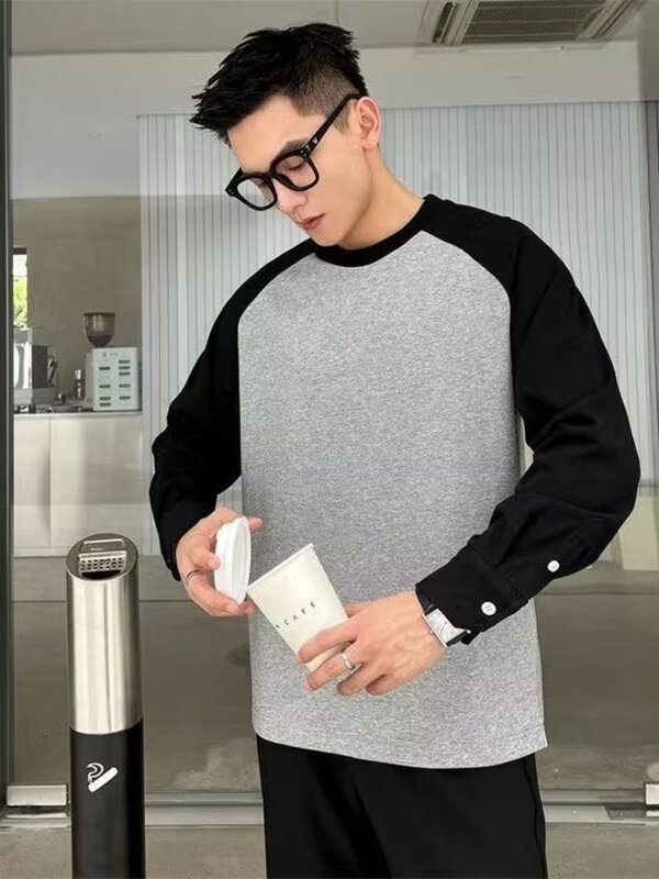 Männer Sweatshirts einfache Patchwork Kontrast Colcor koreanischen Stil Temperament täglich All-Match gemütliche Langarm Knopf Design lässig