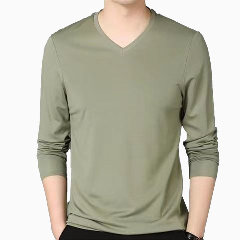 Kaus lengan panjang pria, Atasan musim gugur pakaian rumah termal kasual elastis tipis polos kaus olahraga leher V Slim Fit