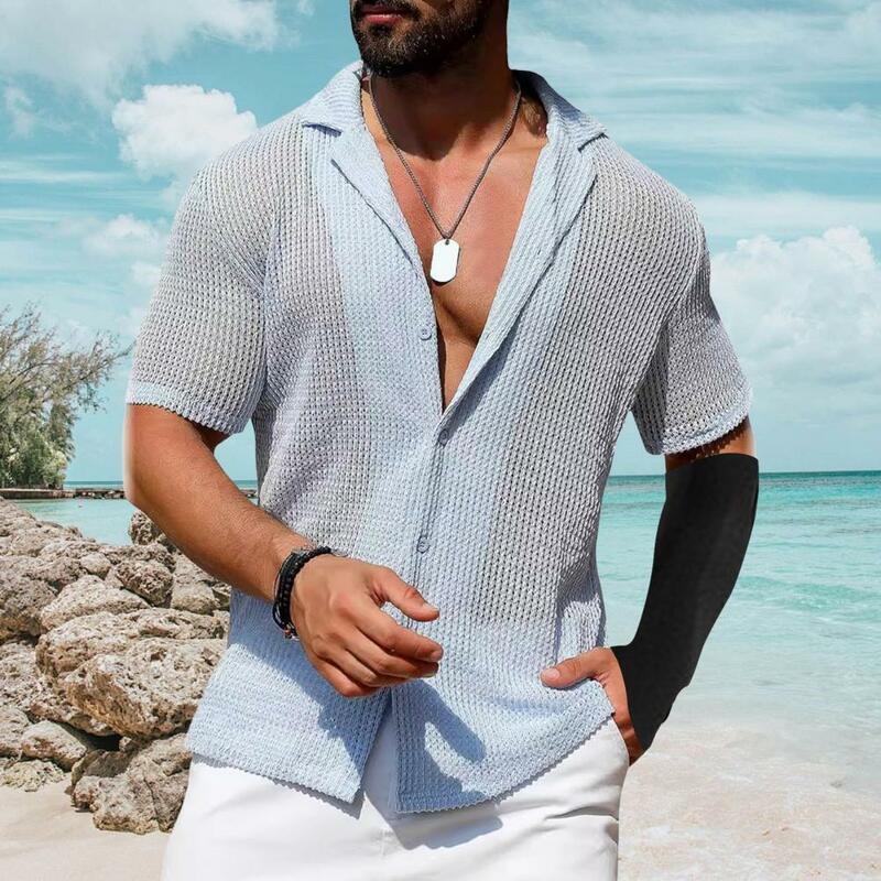 Cardigã de malha estilo vintage masculino, camisa com gola virada para baixo, manga curta, férias na praia, verão