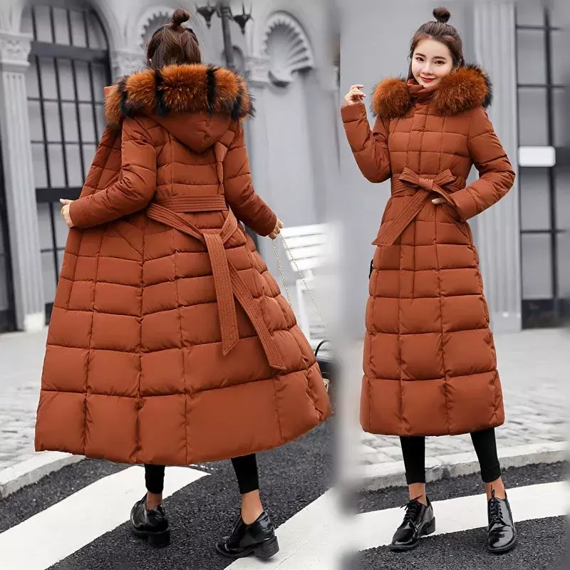 Женская зимняя куртка, Длинные парки, зимняя одежда, корейская мода, приталенная хлопковая куртка с поясом, теплое ветрозащитное пальто с подкладкой