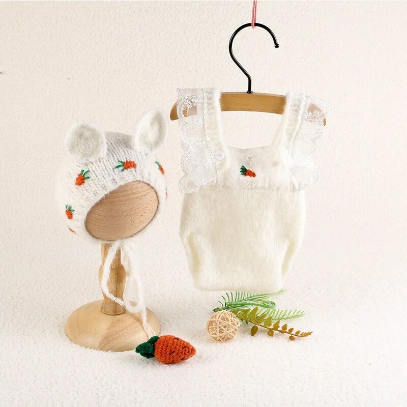 Nuovo fatto a mano lavorato a maglia carota modello coniglio tuta fotografia puntelli neonato lavorato a maglia Stretch animale pagliaccetto vestito servizio fotografico