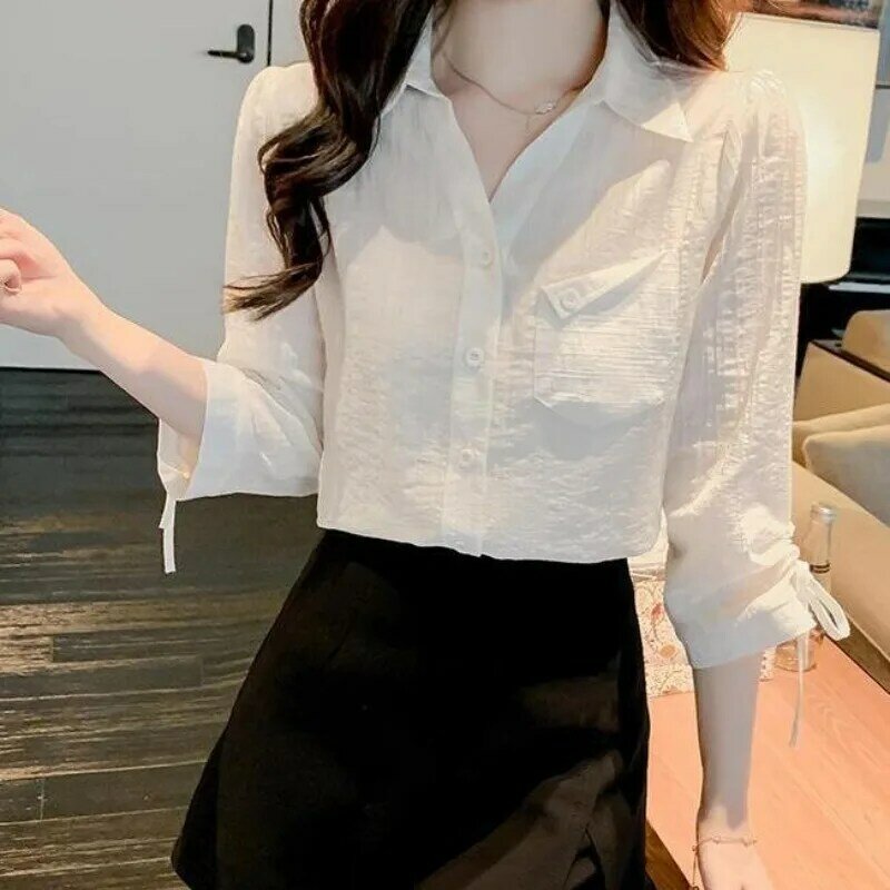 Women's Polo Neck Spring Summer 2024 New Fashion Solid Color Versatile Drawstring 3/4 Sleeve Patchwork Button Chiffon Shirt Tops