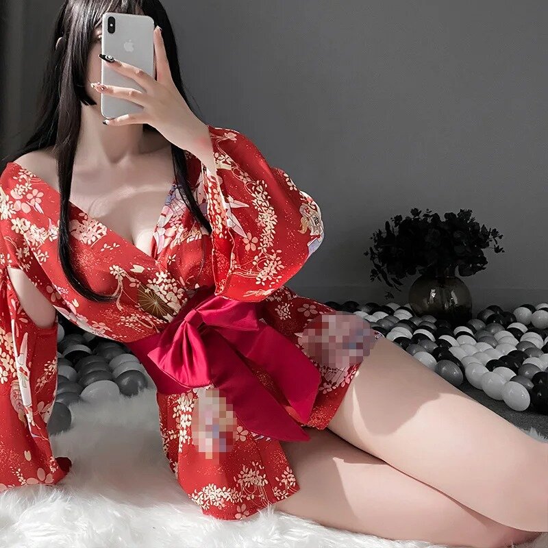 Vestido curto sexy feminino para cosplay, fantasia de quimono japonês, roupão sexy, roupa de dormir, roupão floral, lingerie erótica, vestido feminino