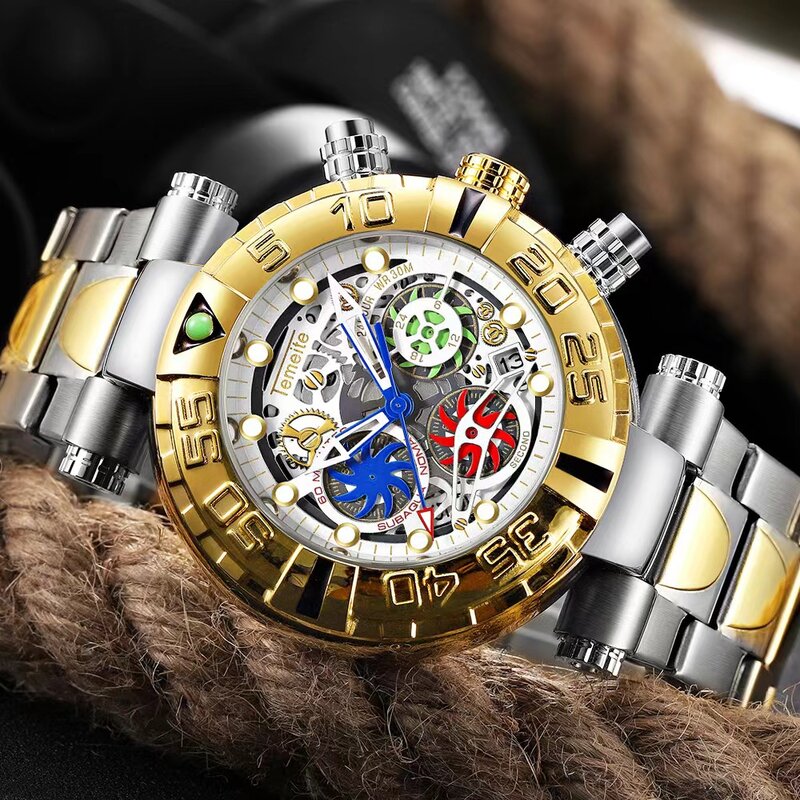 Sierżant wielofunkcyjny zegarek męski świecący szkielet sportowy chronograf męski zegarek kwarcowy w stylu europejskim i amerykańskim