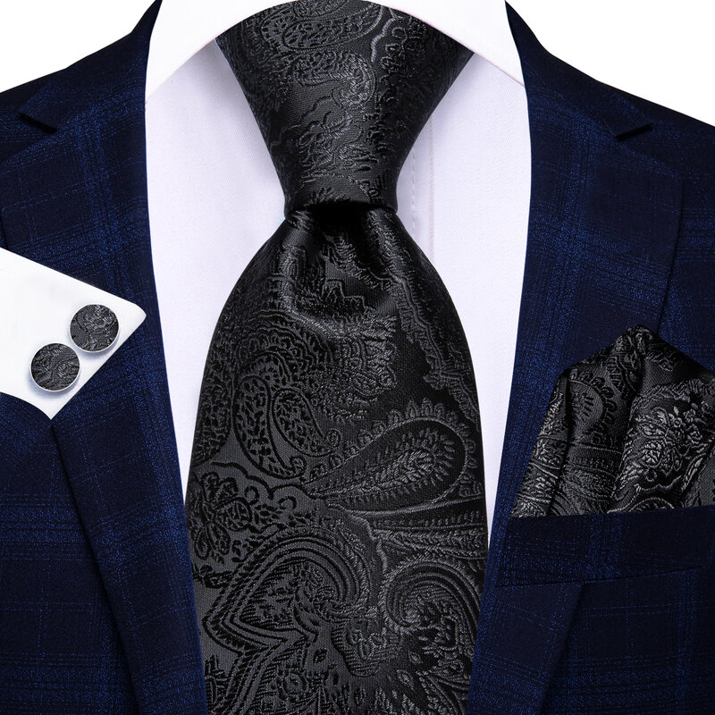 Hi-Tie Black Paisley Business Men Tie 8.5cm Jacquard Necktie Accessorie Daily Wear Cravat Wedding Party Hanky Cufflink Wholesale