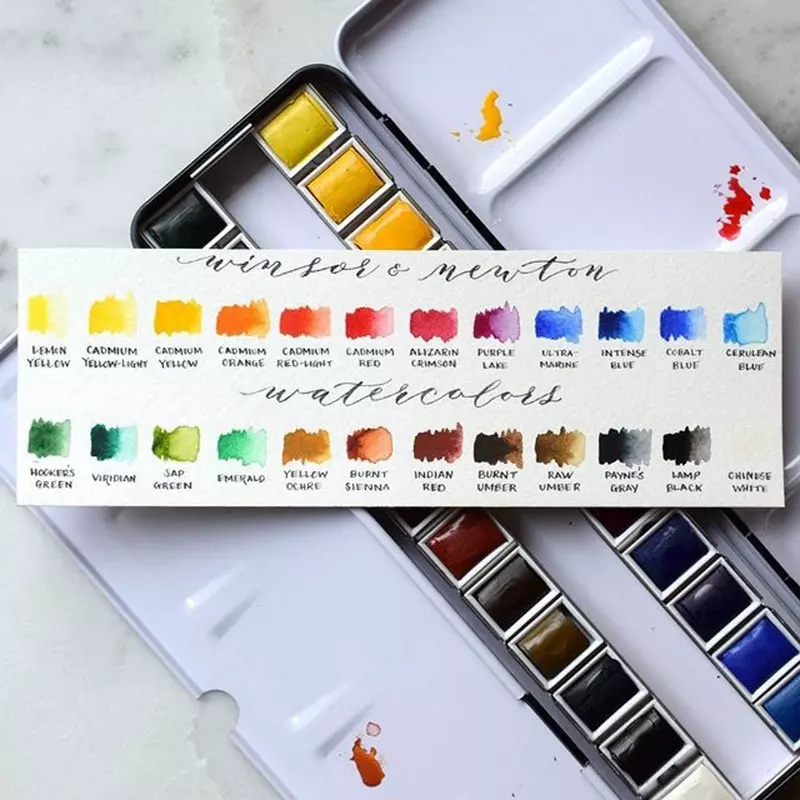 Winsnewton-コットン水彩ペイントセット、メタリックスケッチユーザーのボックス、芸術的な顔料アクアレル、顔料ペイント、24ハーフパンの色、水彩画