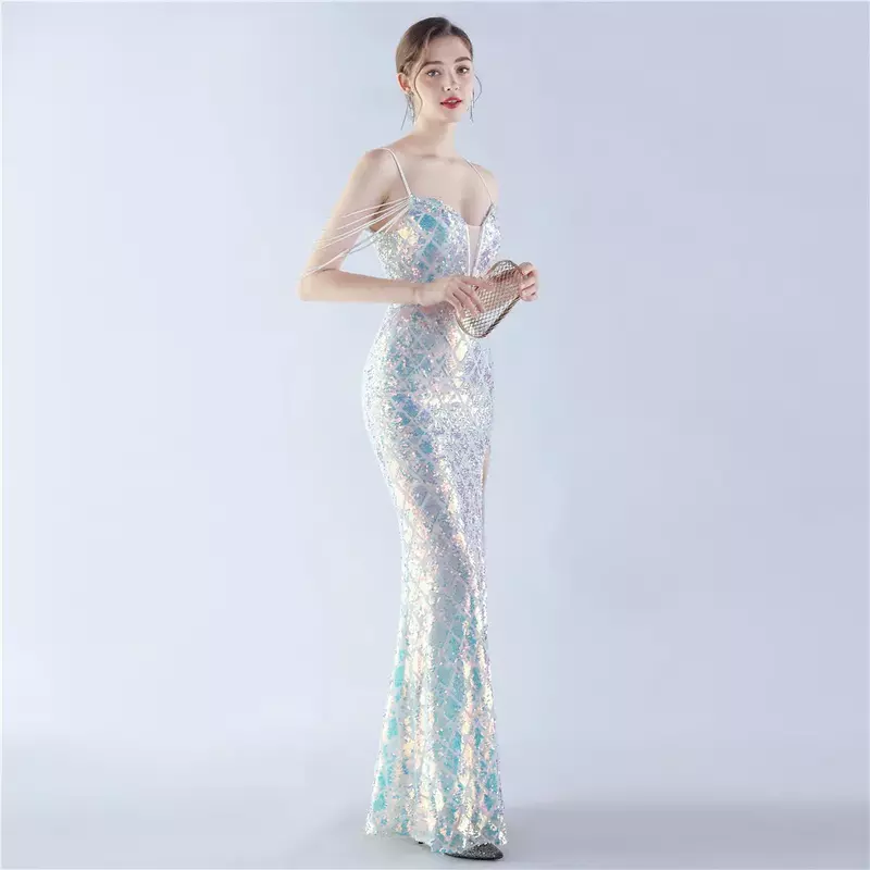Sladuo Women's Luxury Sequin Dress Split Glitter Maxi V Neck Hollow Out Sleeve Elegant Dress for Evening Party Prom