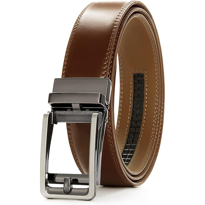 Cinturón de vestir de trinquete de cuero para hombre, marrón, cognac