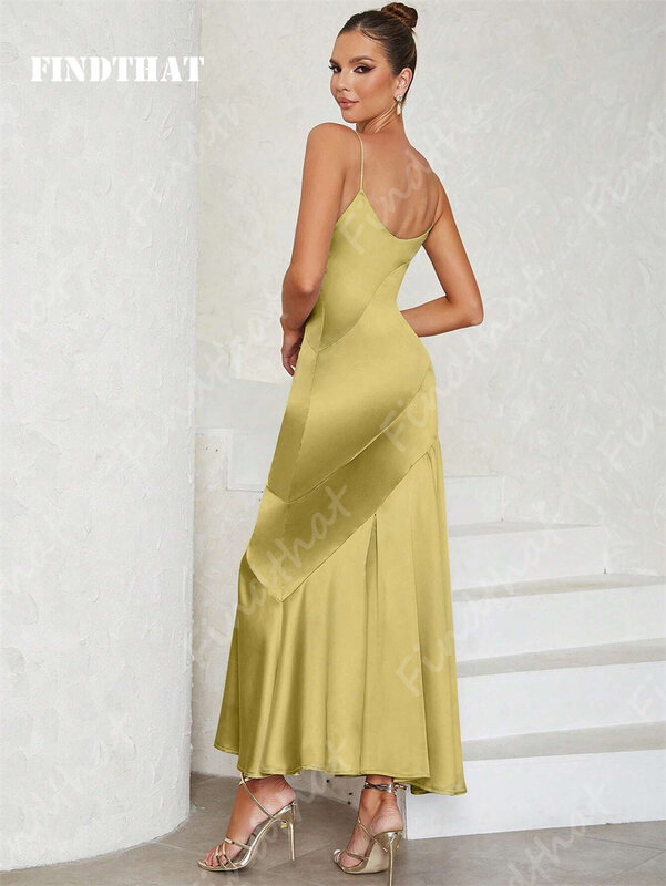 Findbahwa gaun pengiring pengantin leher V tali spageti seksi panel Hem lipit warna polos 2024 gaun malam Satin punggung terbuka