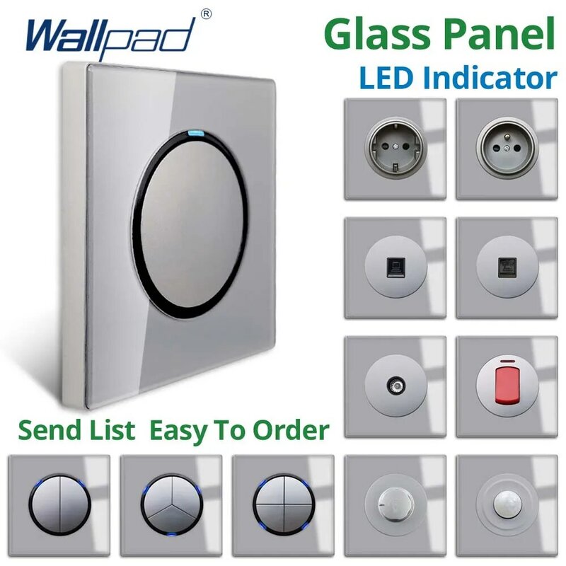 Wallpad Grey Glass Panel Blue LED Indicator Push Button Wall Light Switch and Socket Electric Outlet AC110-220V 16A