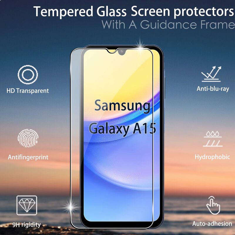 Per la protezione dello schermo Galaxy A15 Samsung 4G 5G, vetro temperato HD 9H custodia antigraffio trasparente in alluminio trasparente alta amichevole