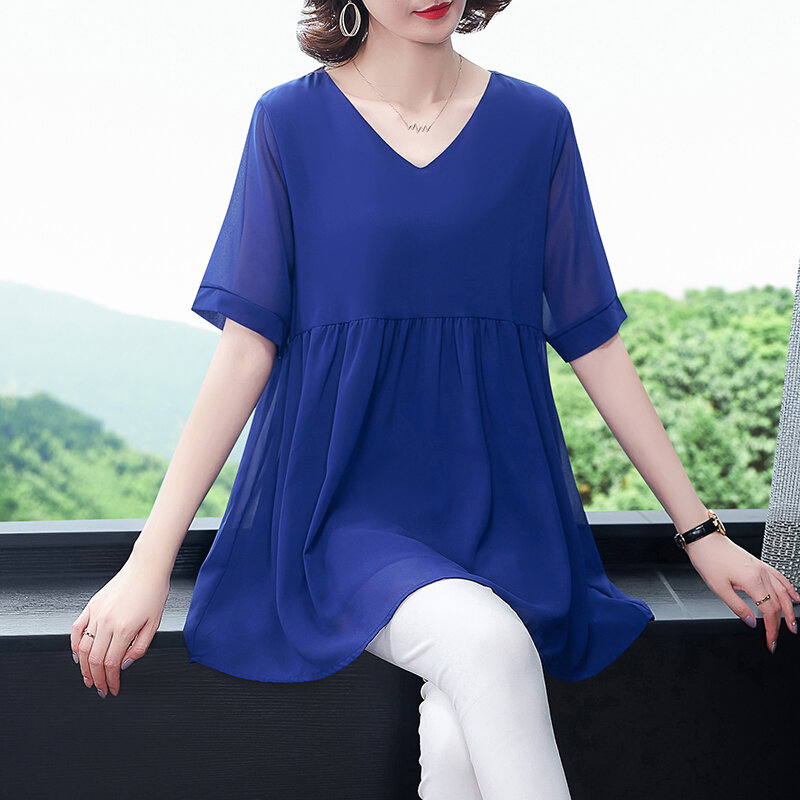 Женская блузка с V-образным вырезом, синяя или красная однотонная Свободная рубашка большого размера, повседневная одежда, размеры до 5XL, лет...