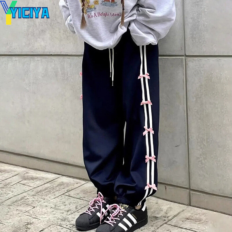 YICIYA Y2K 스타일 활 매듭 바지, 스트레이트 풋 바운드 스웻팬츠, 전체 길이 헐렁한 바지, 2024 90 년대 캐주얼 바지, 신상 의상