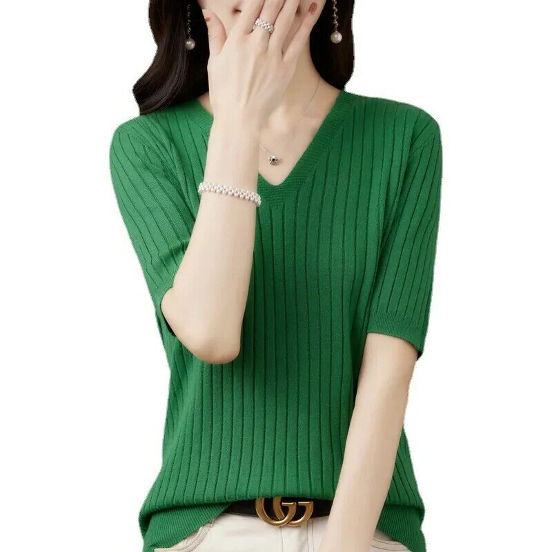 Women Sweater Short Sleeve V-neck Stripe Knitwears Slim Fit Shirt Korean Fashion Pullovers Thin Knit Tops 2024 Bottoming Shirts