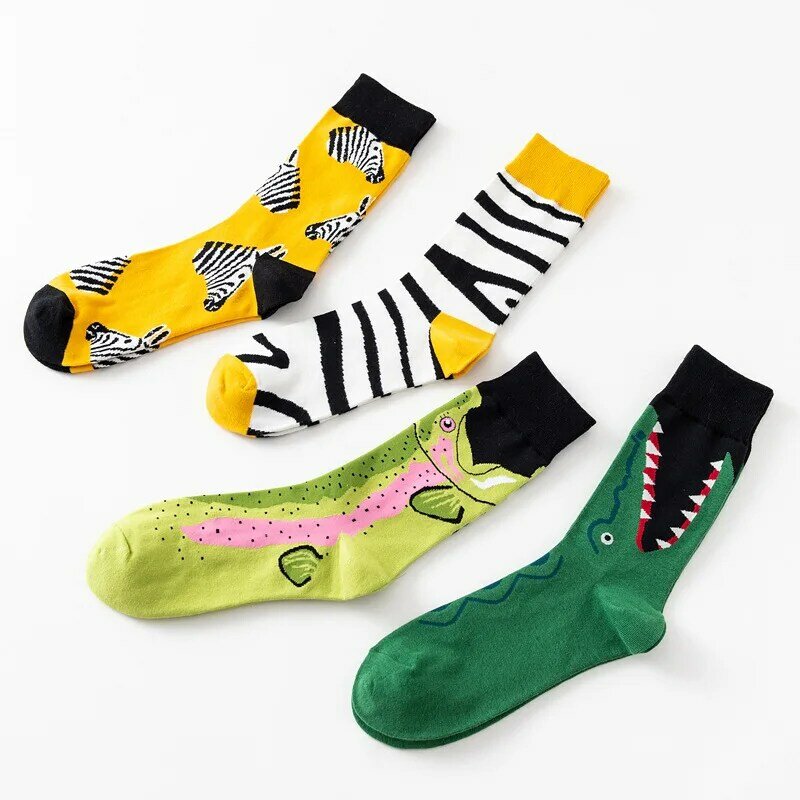 Chaussettes Tube joyeuses pour hommes, chaussettes Cool européennes et américaines en coton pour amoureux, dessin animé créatif avec zèbre Crocodile, 141