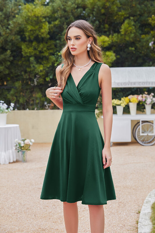 Vintage grüne Frauen Brautjungfer Kleider Büste Falte eine Linie zurück Reiß verschluss ärmellose Cocktail Party Ballkleid für Abend Vestidos