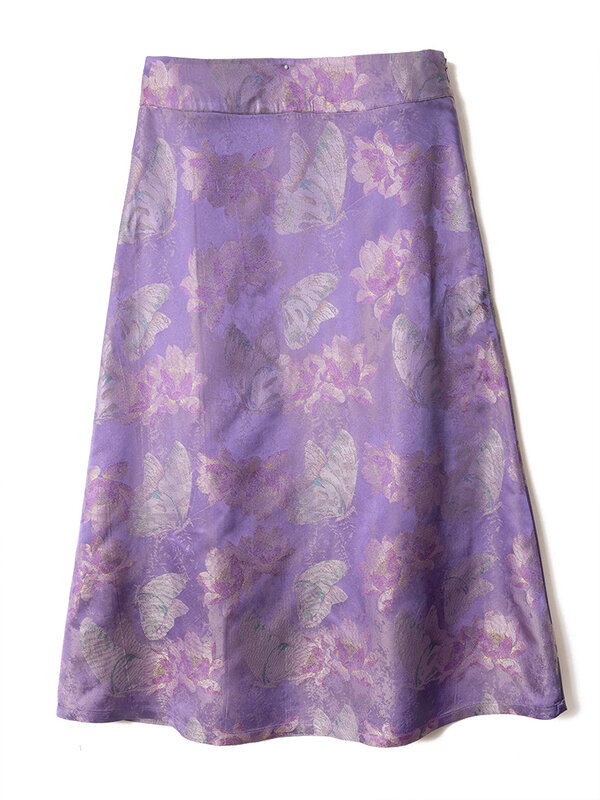 Женская летняя модная новая тяжелая юбка из 2024 натурального шелка тутового шелкопряда, Новая китайская юбка с принтом фиолетовых бабочек, 100%