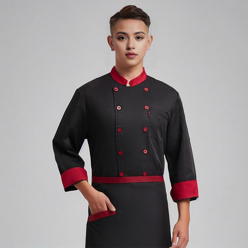 Unisex Chef uniforme conjunto com bolsos no peito, manga comprida, trespassado duplo para comida, profissional, cozinha, padaria