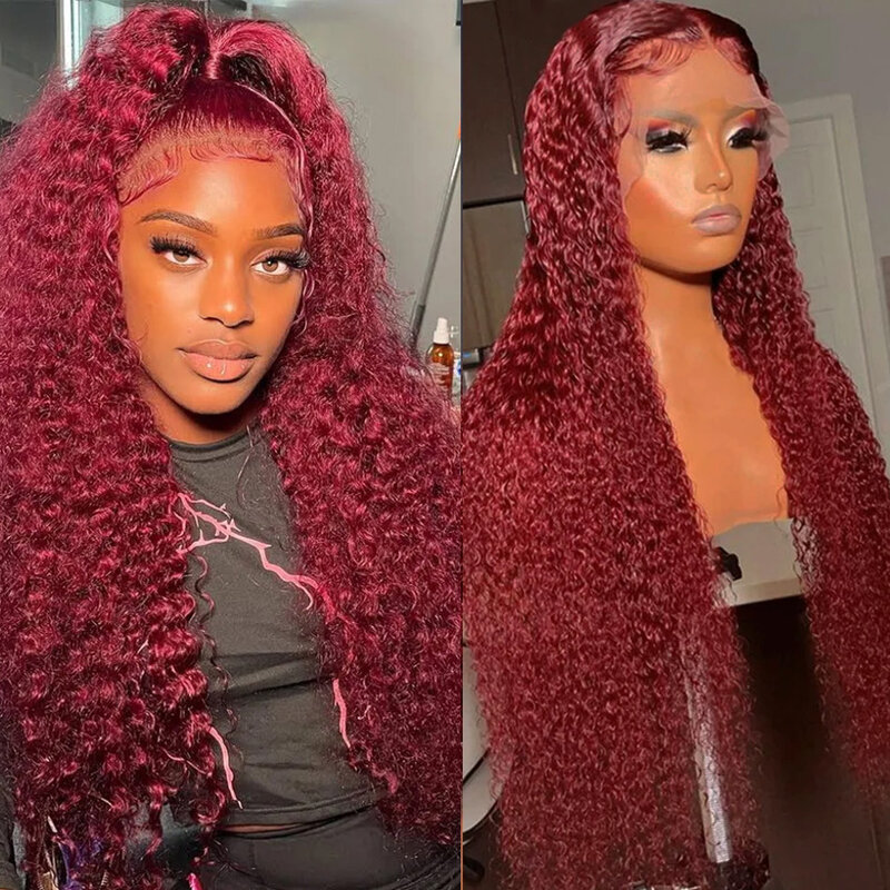 Perruque Lace Front Wig Deep Wave brésilienne naturelle, cheveux bouclés, rouge bordeaux 99J, 13x6, 13x4