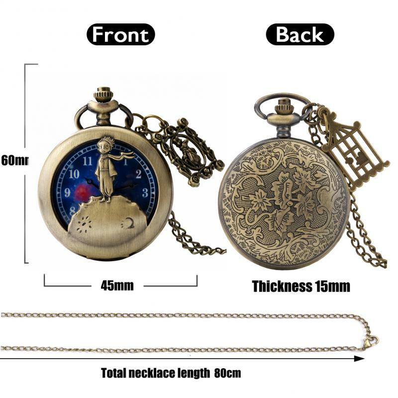Reloj de bolsillo de cuarzo con esfera azul cielo estrellado, cadena de suéter, collar hueco, colgante, accesorio de conejo, bronce, principito