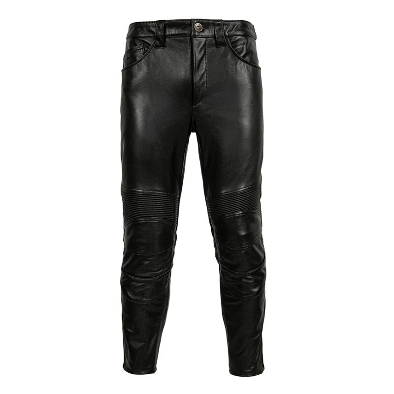 Calças de couro real para motocicleta masculina, calças de couro motorizado, protetores, moda outono