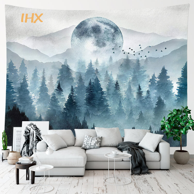 Tapisserie murale avec arbre forestier, grand décor de chambre, paysage naturel, décoration de chambre esthétique, maison, Hiphélicoptère Boho