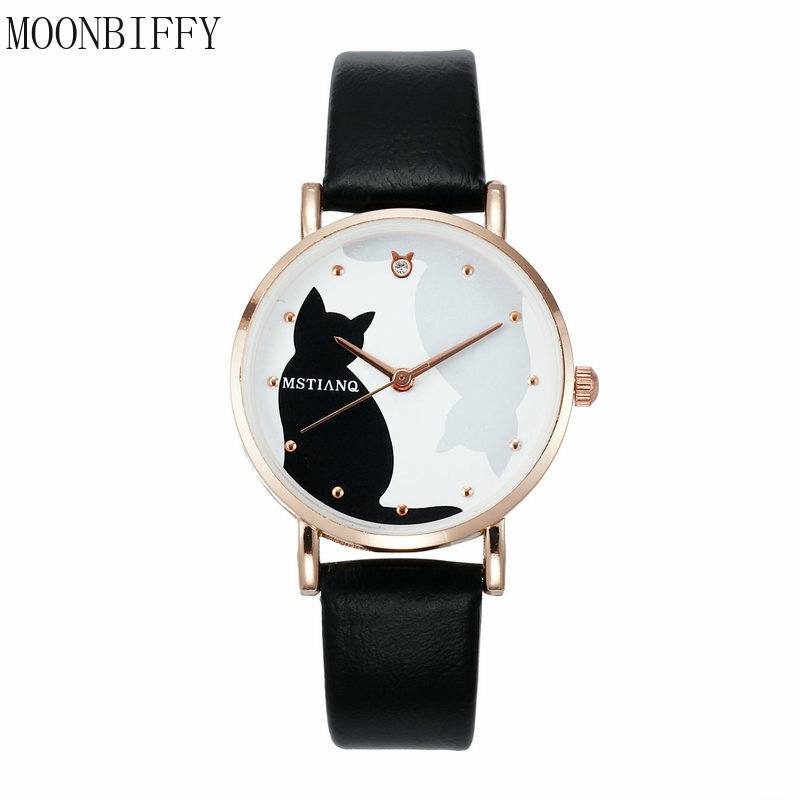 Reloj de pulsera de cuarzo con patrón de gato para mujer, reloj de cuero para niñas, reloj de moda de dibujos animados bonitos, nuevo