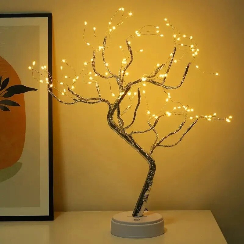 Luz LED de árvore USB ajustável, abajur, interruptor de toque DIY, fio de cobre artificial, luz da noite de fada para casa