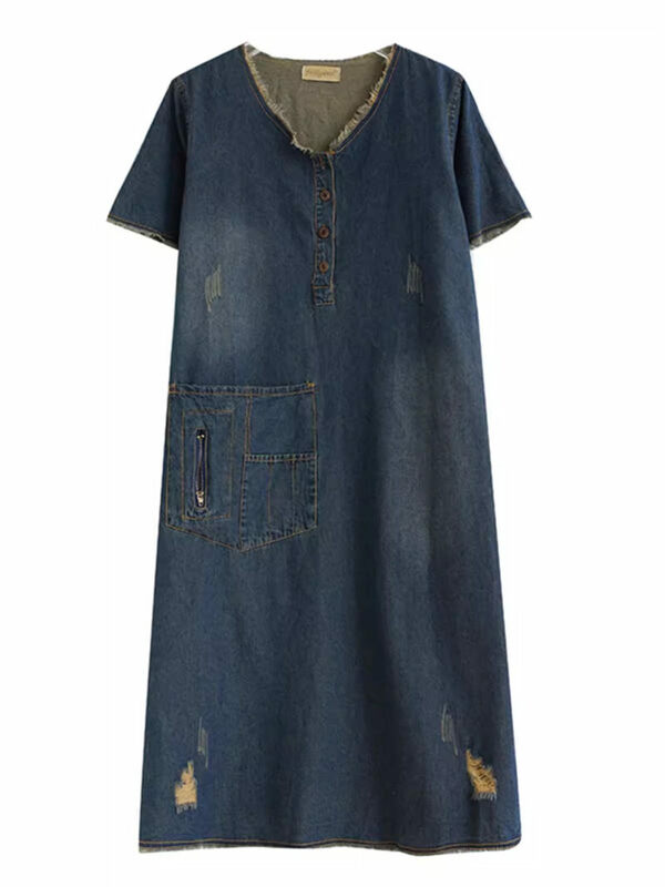 New Fashion Denim Dress 2024 Summer Design Retro Distressed Hole Split Casual Versatile Midi Dress per le donne Jeans Shirt K365