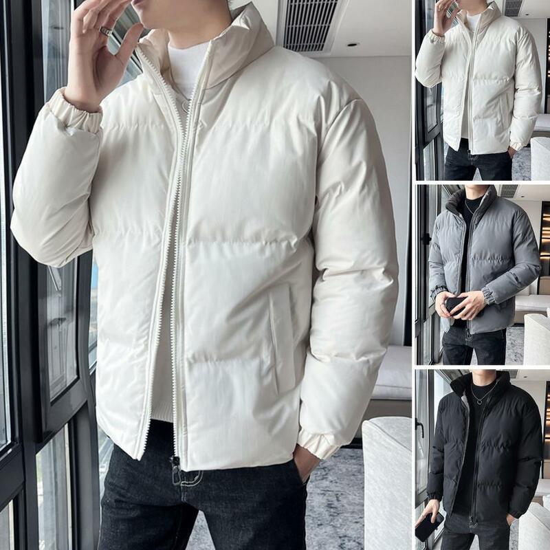 Zimowy płaszcz bawełniany gruba pluszowe wyściełane jednolity kolor z długim rękawem wiatroszczelna, odporna na ciepło ochrona szyi gładka męska kurtka puchowa