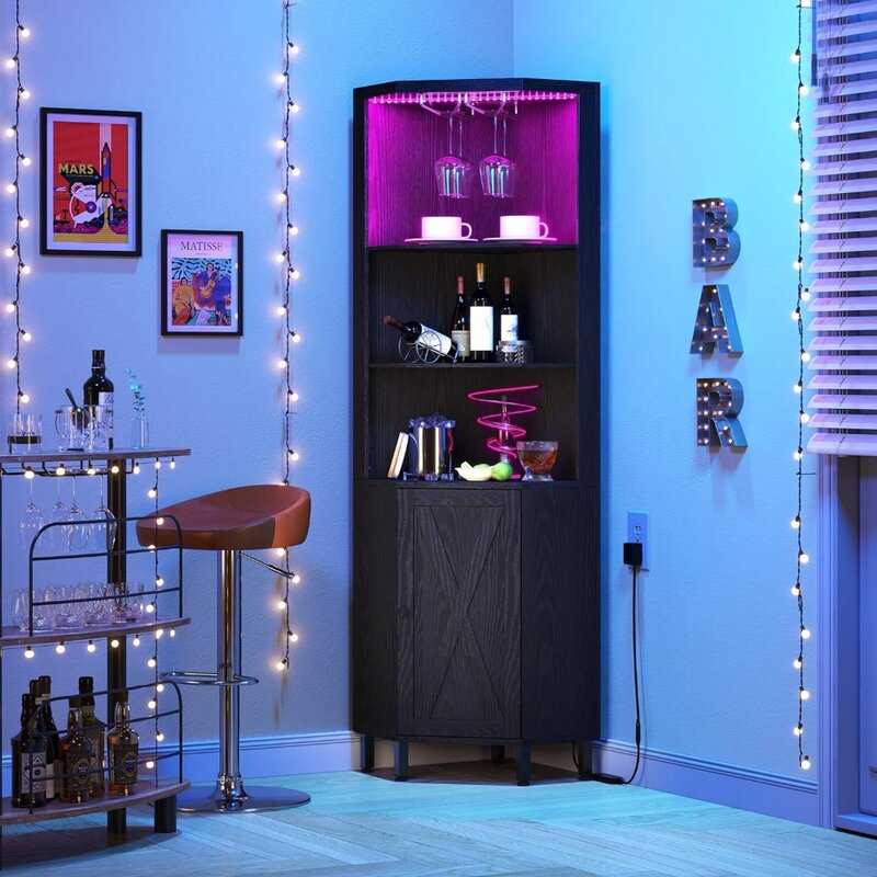 YITAHOME-armario de Bar esquinero con luces LED y soporte de vidrio, estante de esquina de 5 niveles con almacenamiento, estante de vino, estantes de exhibición