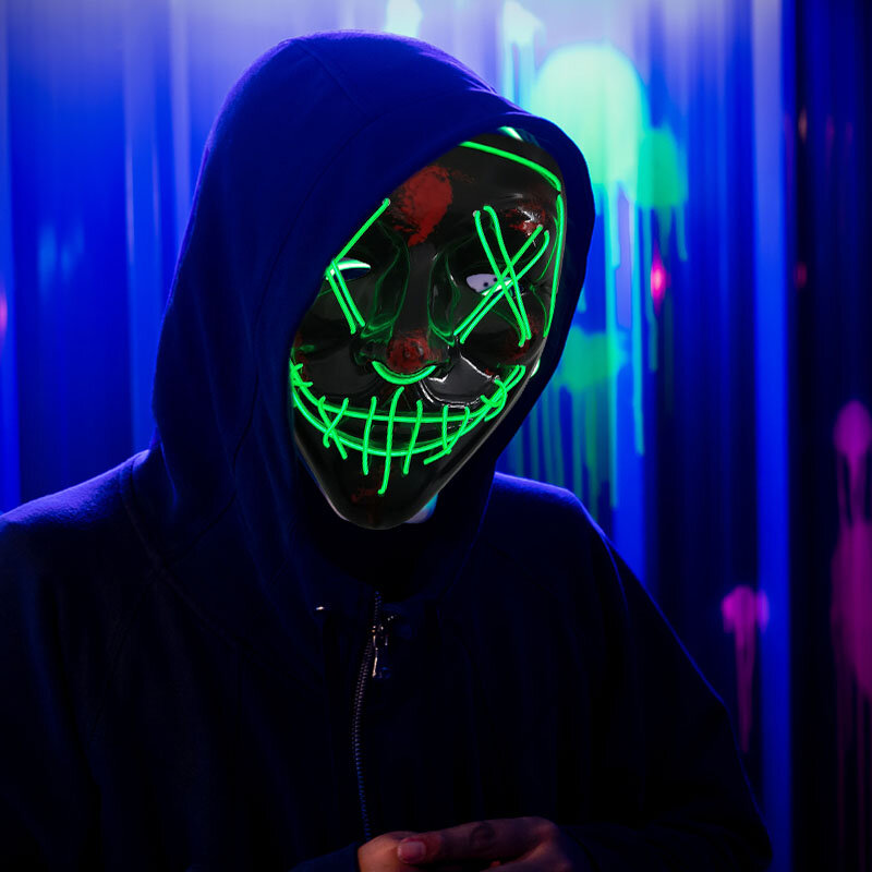 Страшная светящаяся маска на Хэллоуин, неоновая светодиодная маска рассекающего демонов для маскарада, вечеринки, маска для взрослых и детей, украшение для бара, страшный реквизит