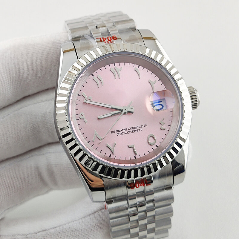 男性用のarabicダイヤル付き機械式腕時計,ステンレススチールケース,ピンクケース,ムーブメント,時計,h35のインストール,nh35,36mm, 39mm
